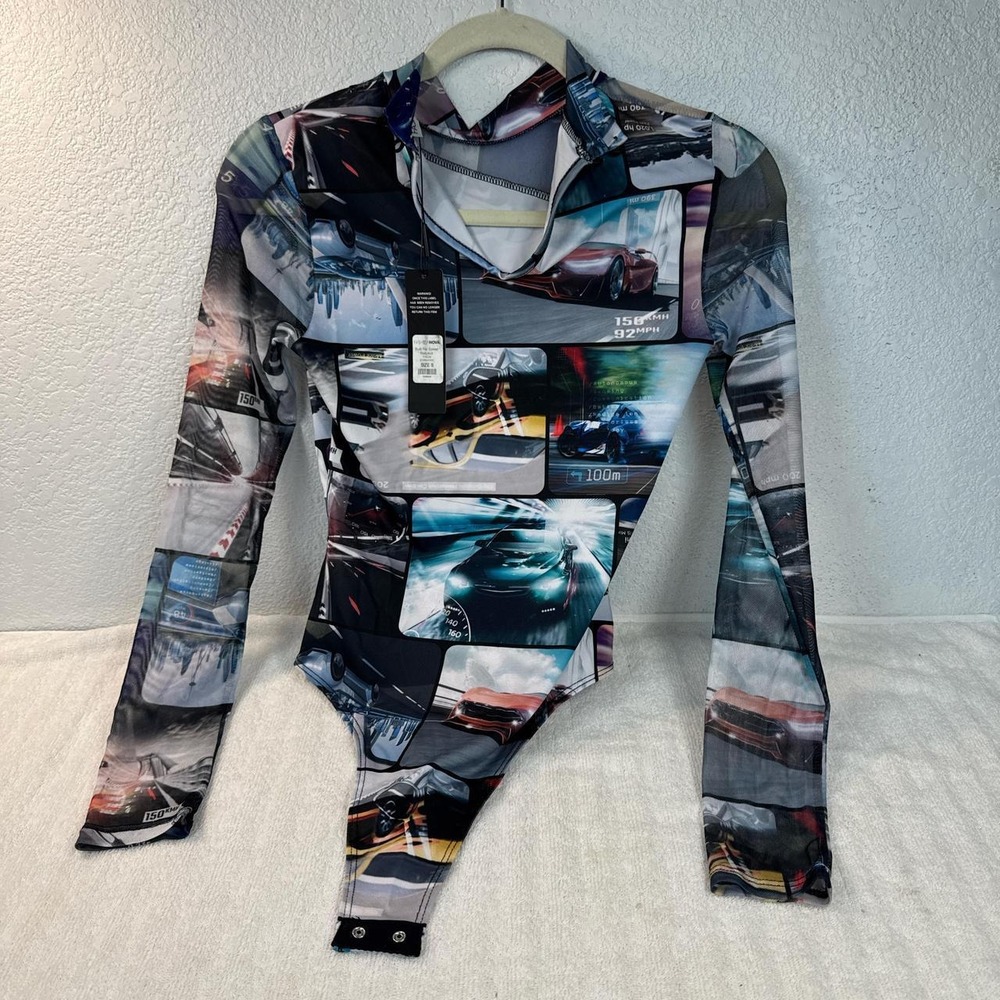 Fashion Nova Built For Speed Bodysuit Blue Racing Print Mesh Y2K Streetwear S